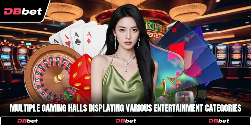 Multiple gaming halls displaying various entertainment categories